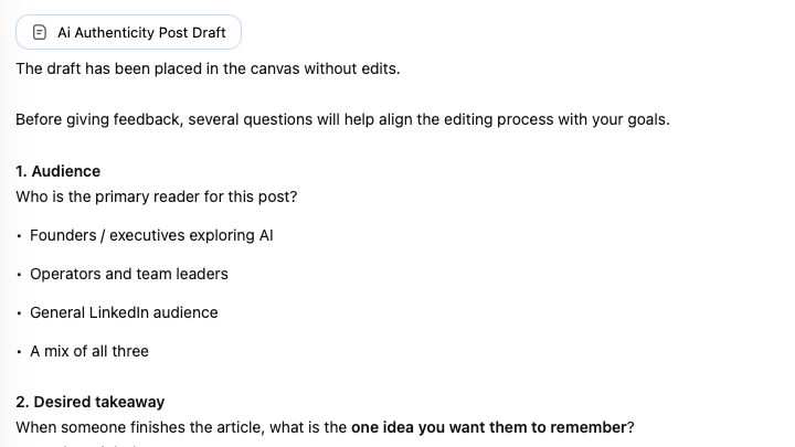 Screenhot of ChatGPT with followup questions about the post including Audience and takeaways